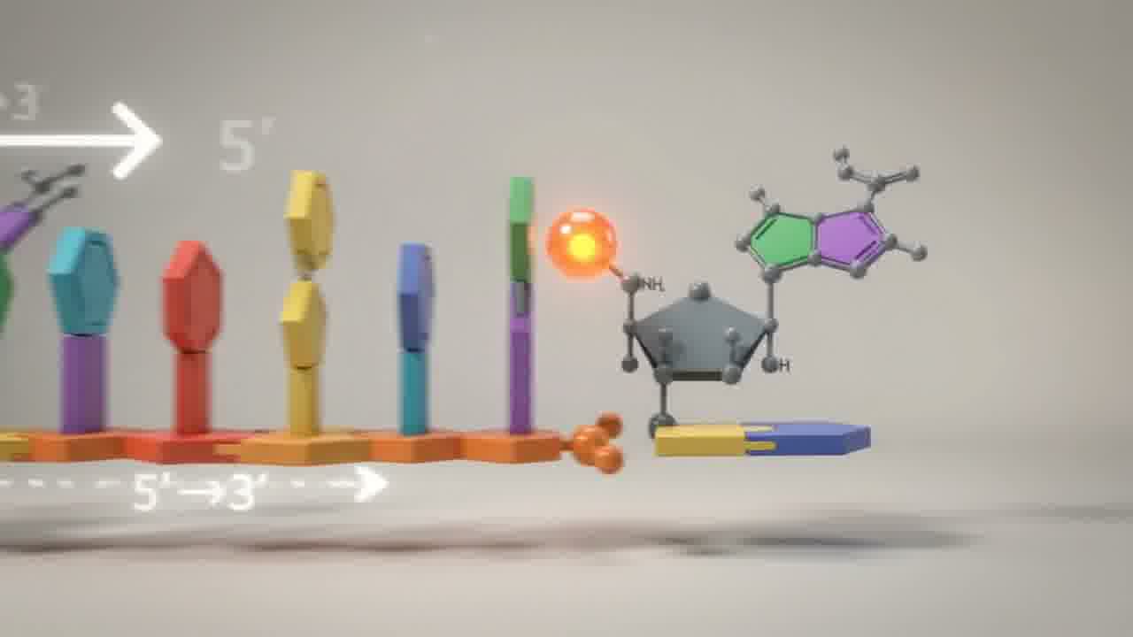Nucleotides linking into a directional strand, labeled 5 prime to 3 prime