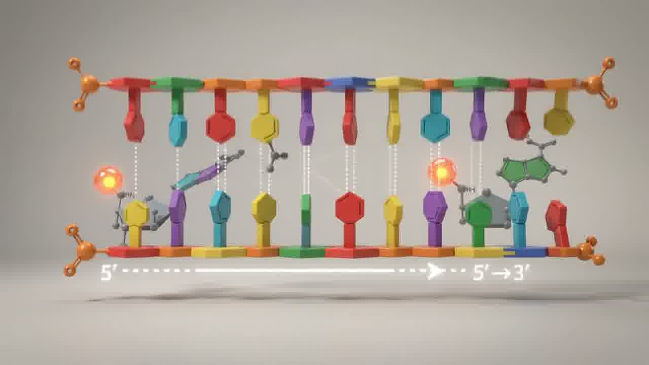 Two antiparallel strands connected by base pairs, forming a flat ladder